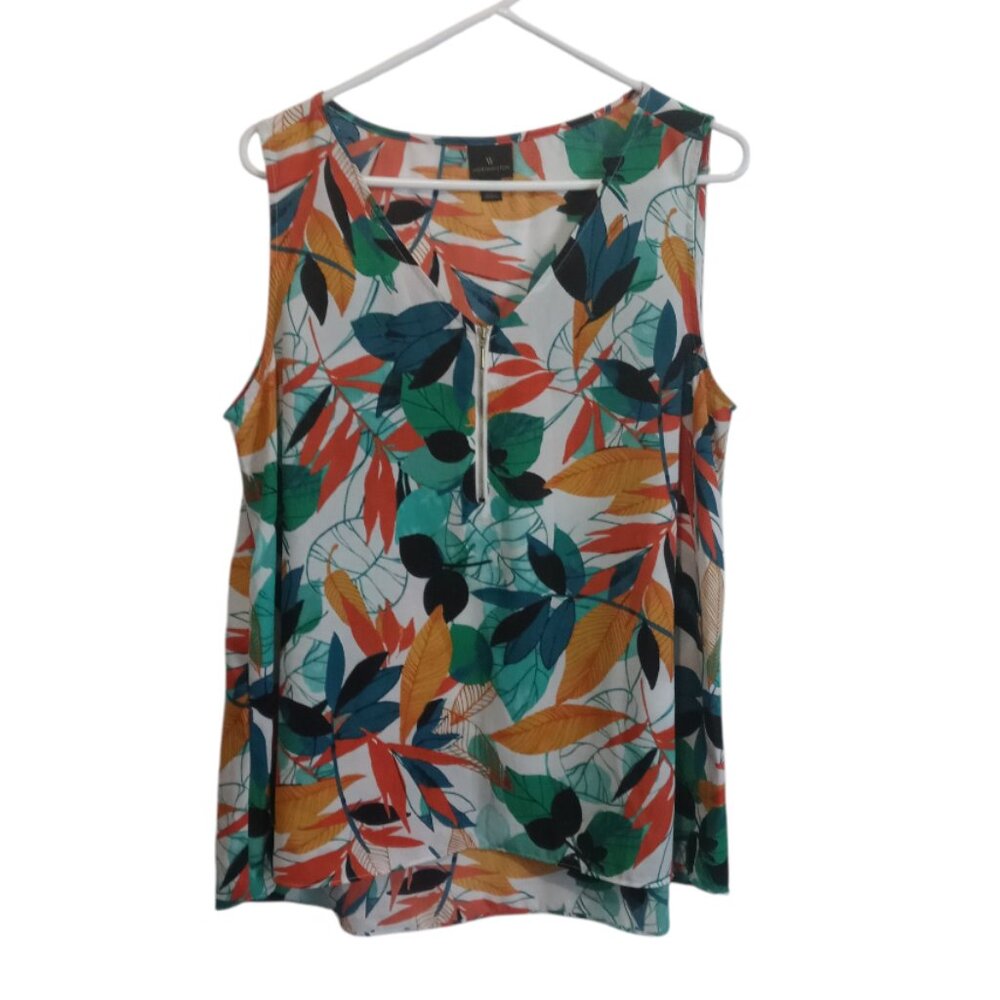 Worthington Women's Tropical Floral Sleeveless Zip Front V-Neck Blouse Size L